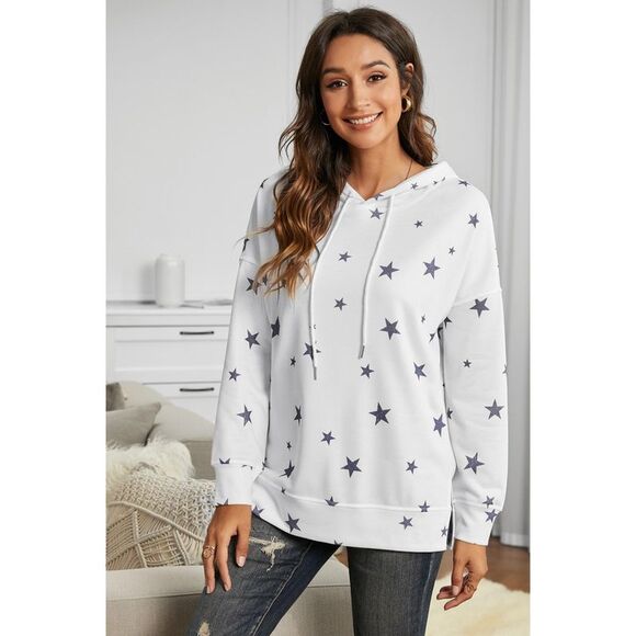 Azura Exchange  White Star Print Hoodie with Side Slits - Picture 5 of 8